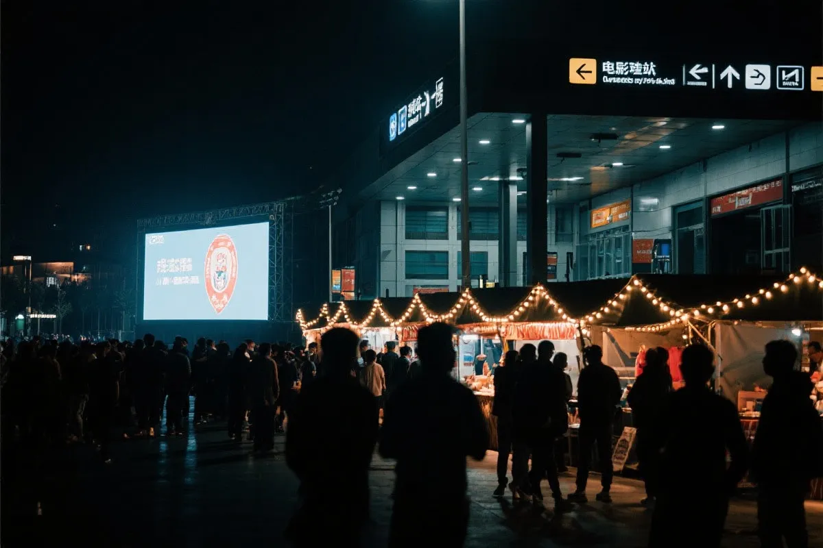 费城球迷广场夜景：大屏观赛人群、步行指示牌与公共交通入口